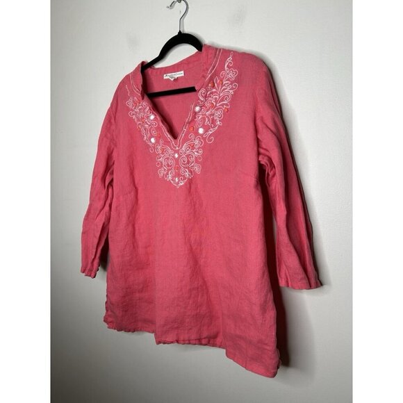 JM Collection Women’s Top Pink Beaded V Neck 100% Linen Plus Size 18W - Picture 2 of 9